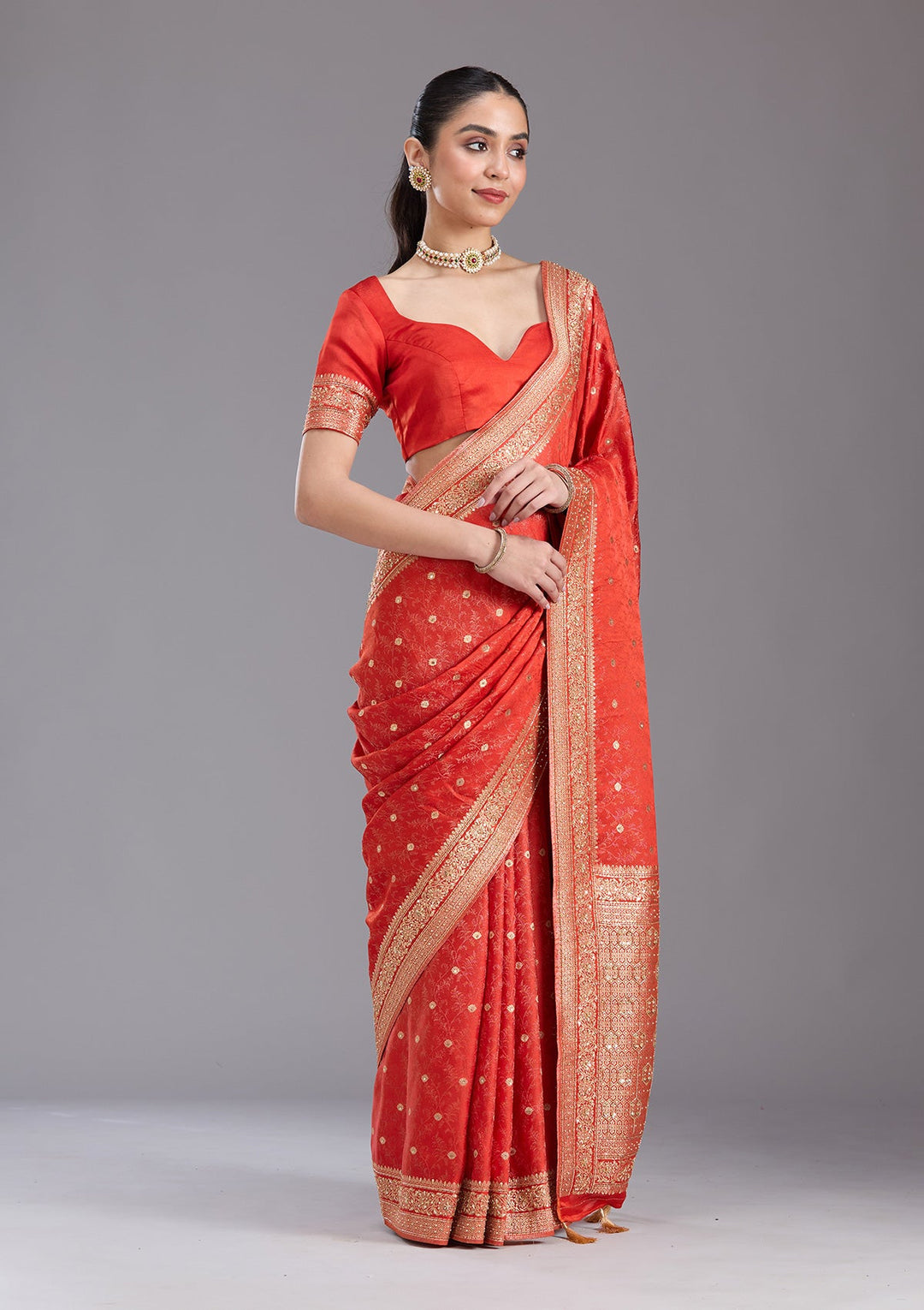 Orange Aariwork Silk Saree-koskii