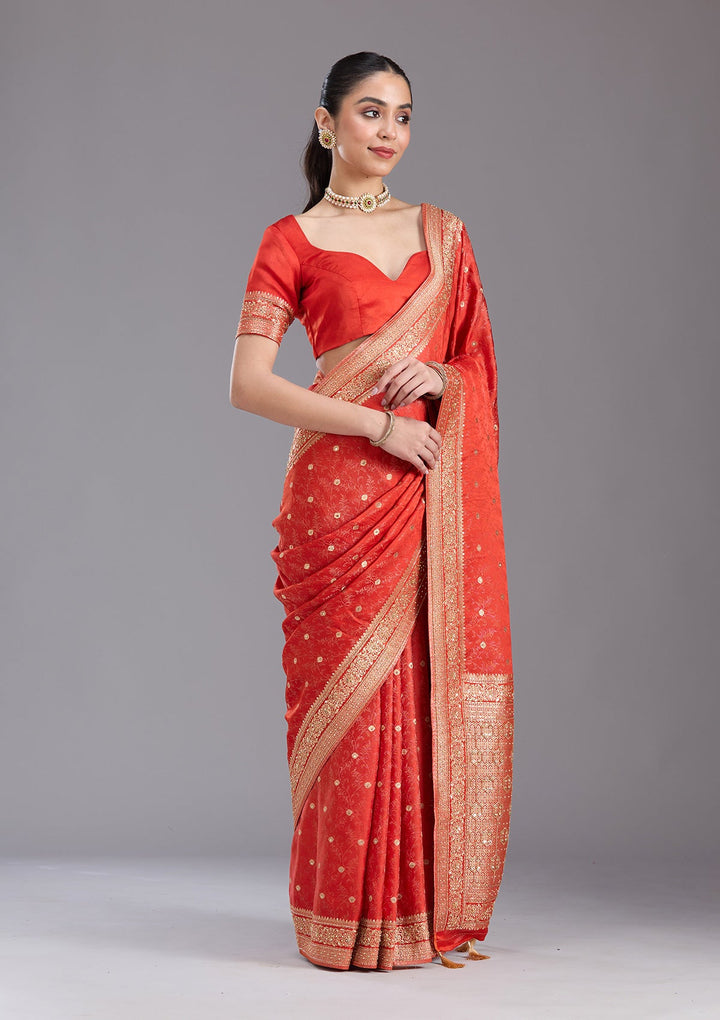 Orange Aariwork Silk Saree-koskii