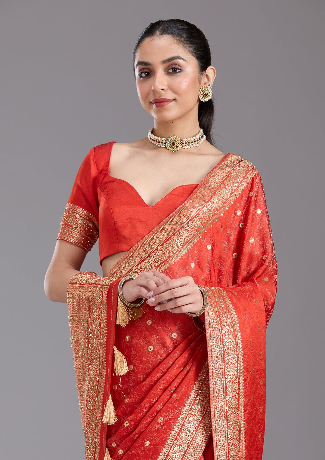 Orange Aariwork Silk Saree-koskii