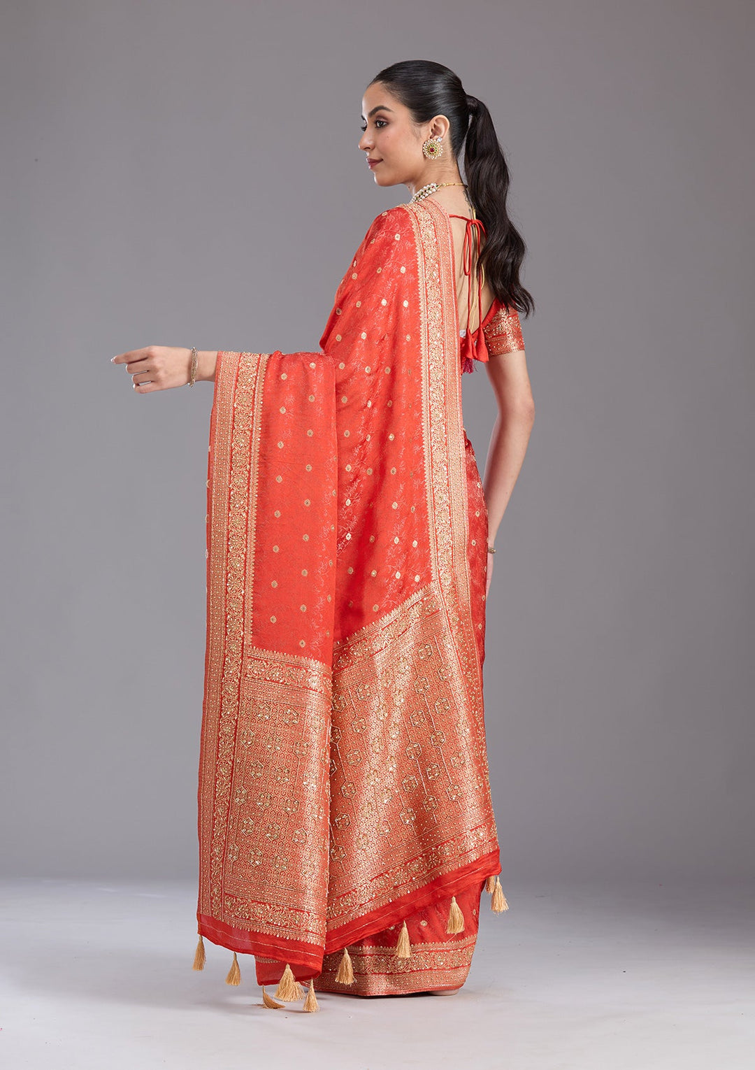 Orange Aariwork Silk Saree-koskii