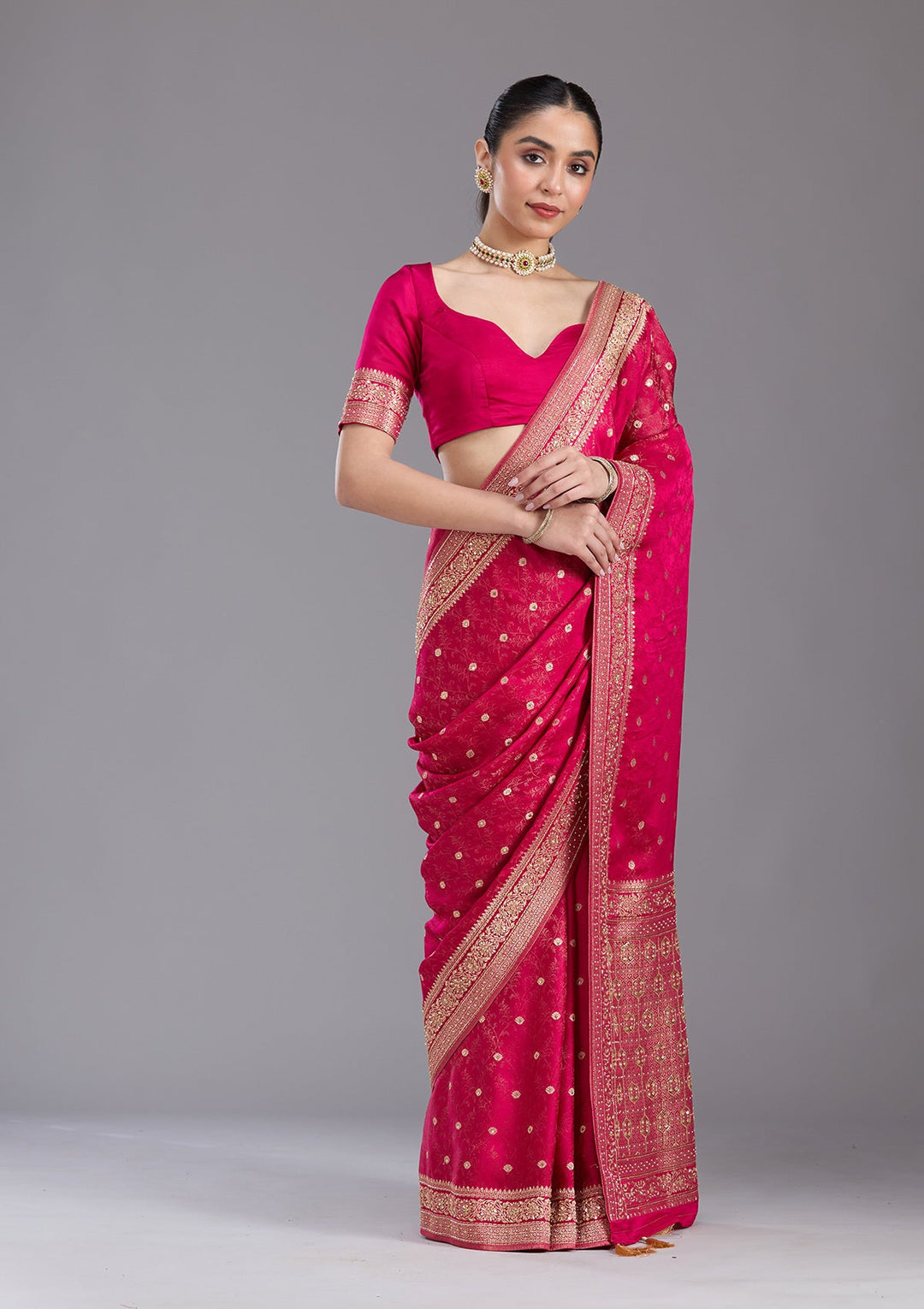 Rani Pink Aariwork Silk Saree-koskii