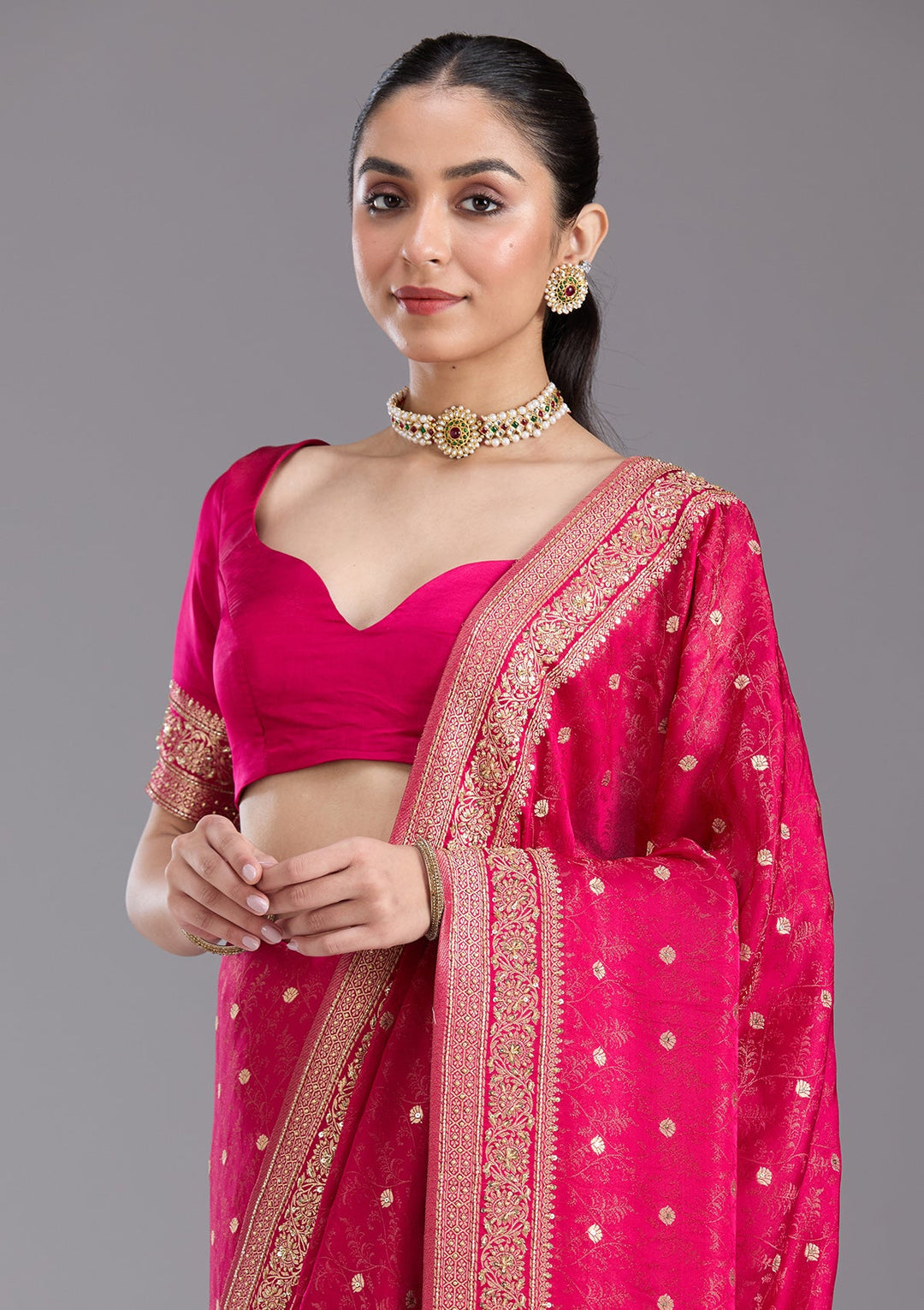 Rani Pink Aariwork Silk Saree-koskii