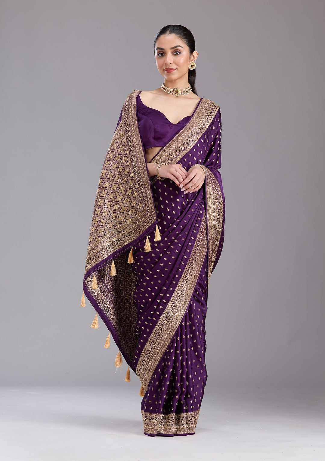 Purple Aariwork Silk Saree-koskii