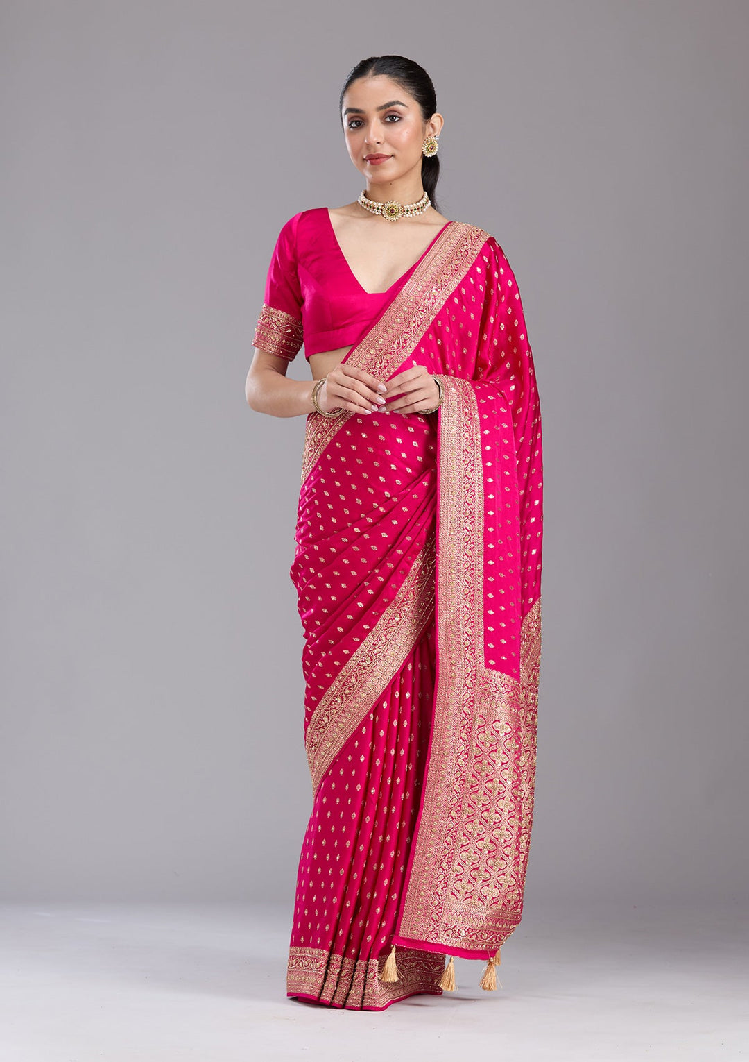 Rani Pink Aariwork Silk Saree-koskii