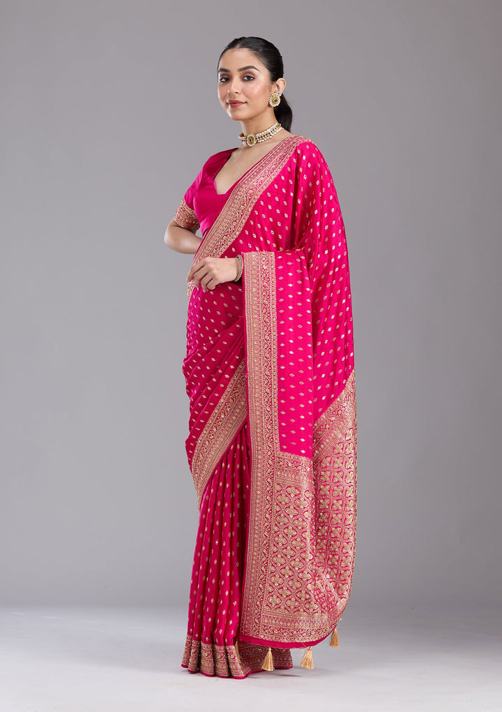 Rani Pink Aariwork Silk Saree-koskii