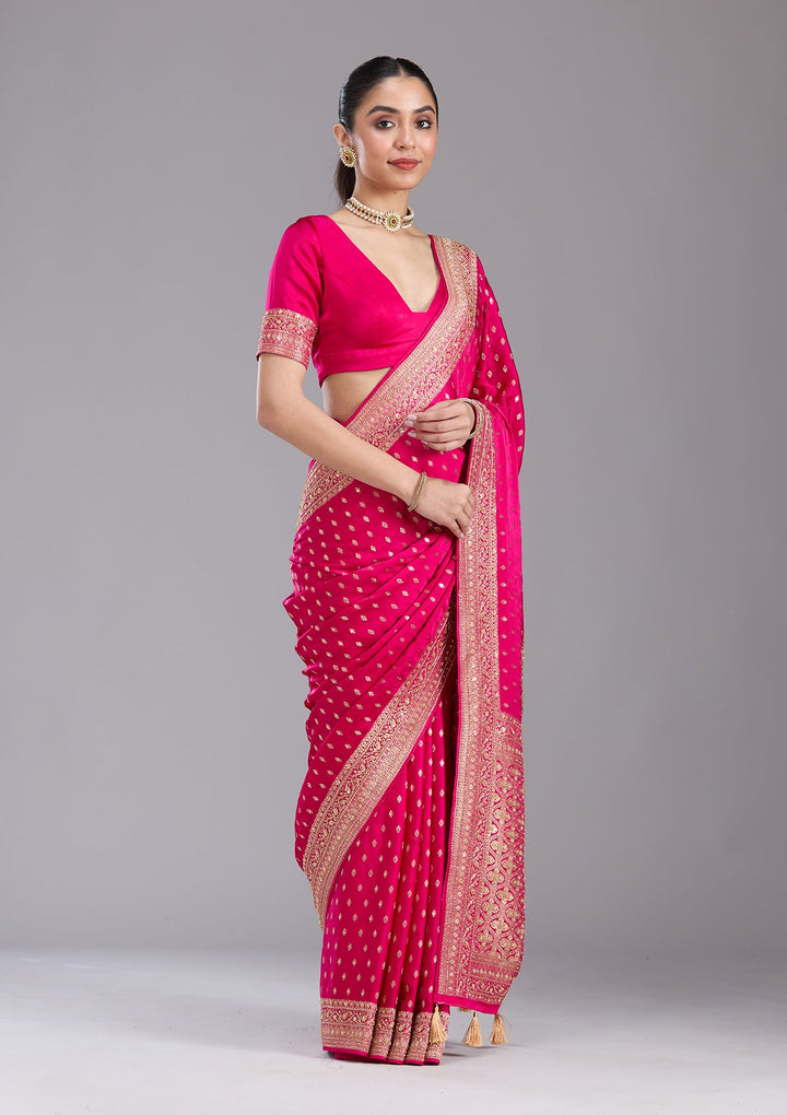 Rani Pink Aariwork Silk Saree-koskii