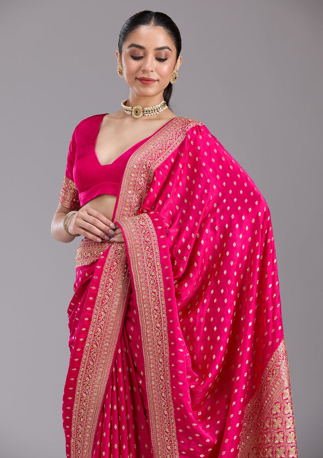 Rani Pink Aariwork Silk Saree-koskii