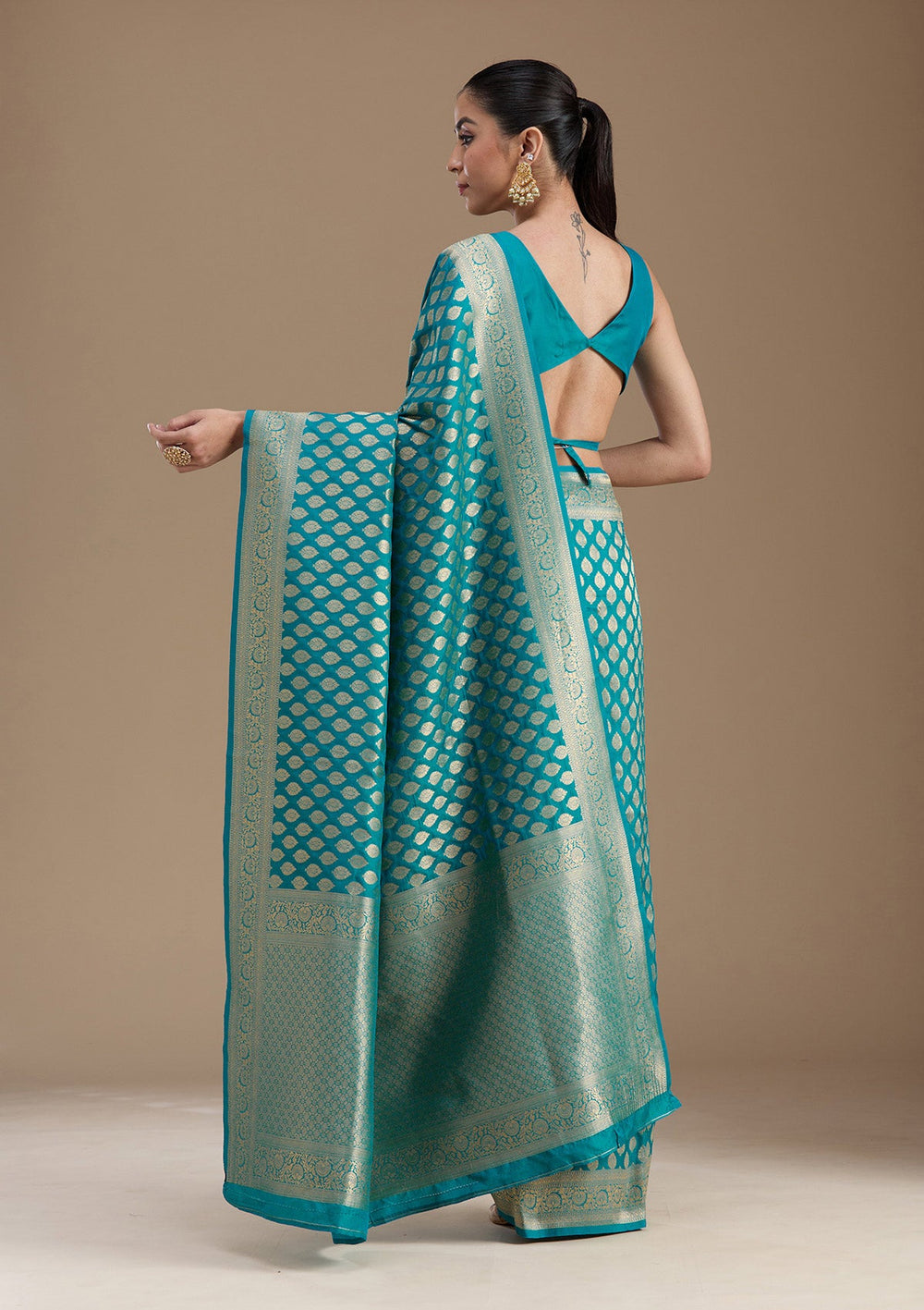 Turquoise Blue Zariwork Art Silk Saree-koskii