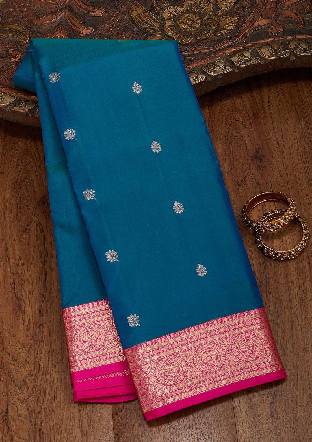 Peacock Blue Zariwork Pure Silk Saree-koskii