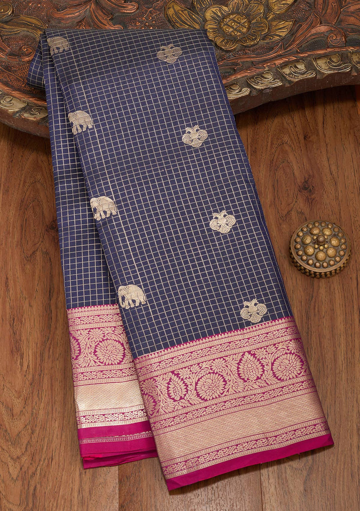 Navy Blue Zariwork Pure Silk Saree-koskii