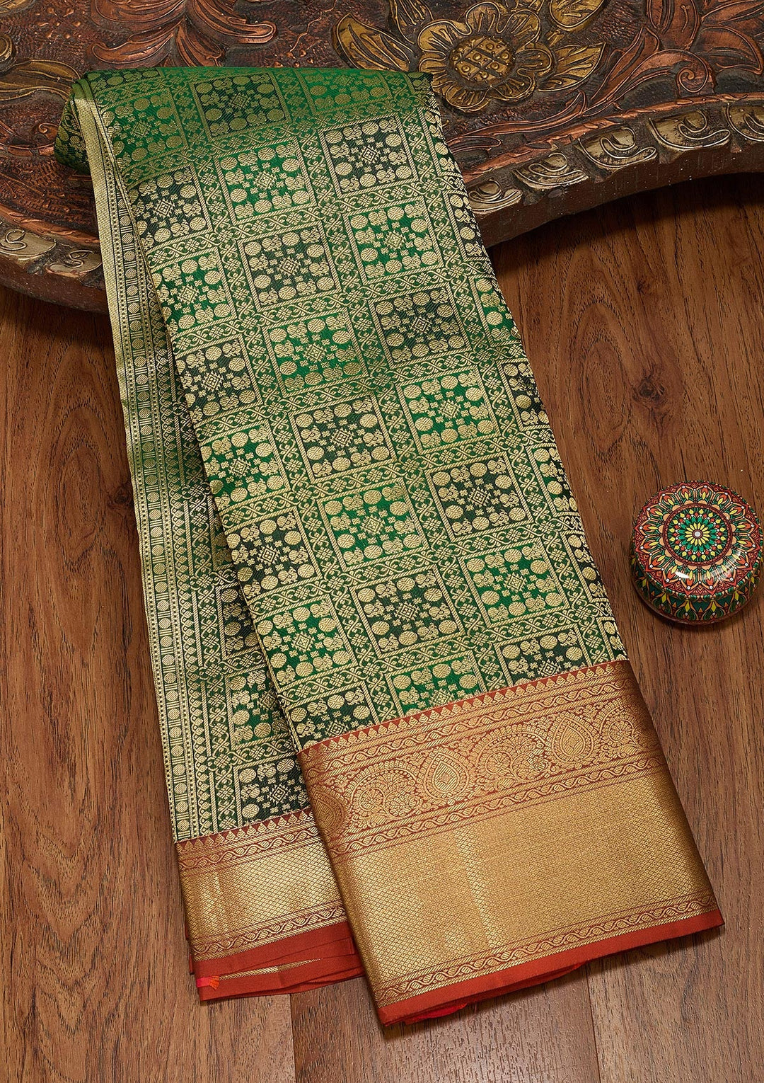 Bottle Green Zariwork Pure Silk Saree-koskii
