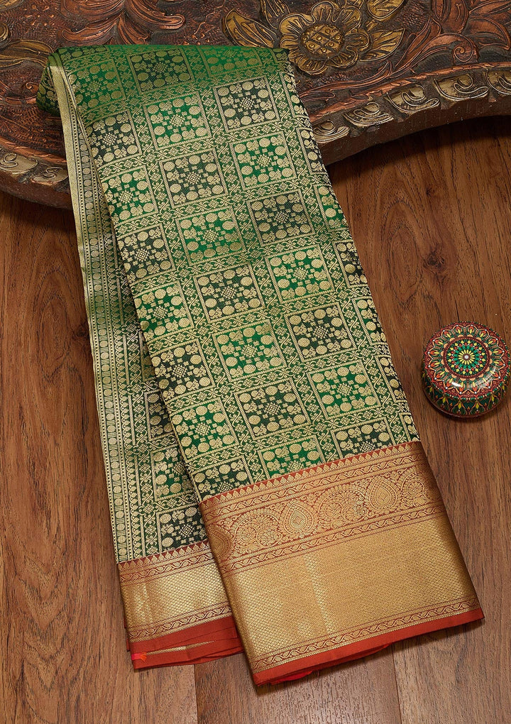 Bottle Green Zariwork Pure Silk Saree-koskii