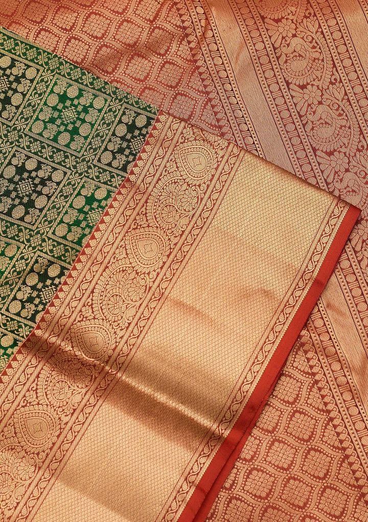 Bottle Green Zariwork Pure Silk Saree-koskii