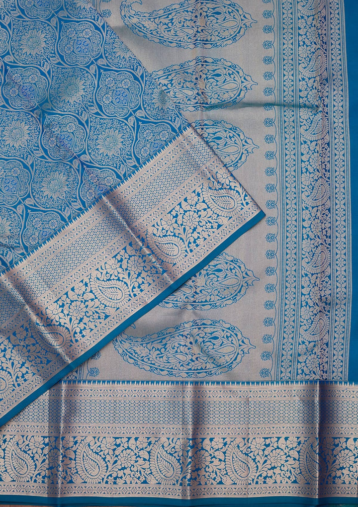 Peacock Blue Zariwork Pure Silk Saree-koskii