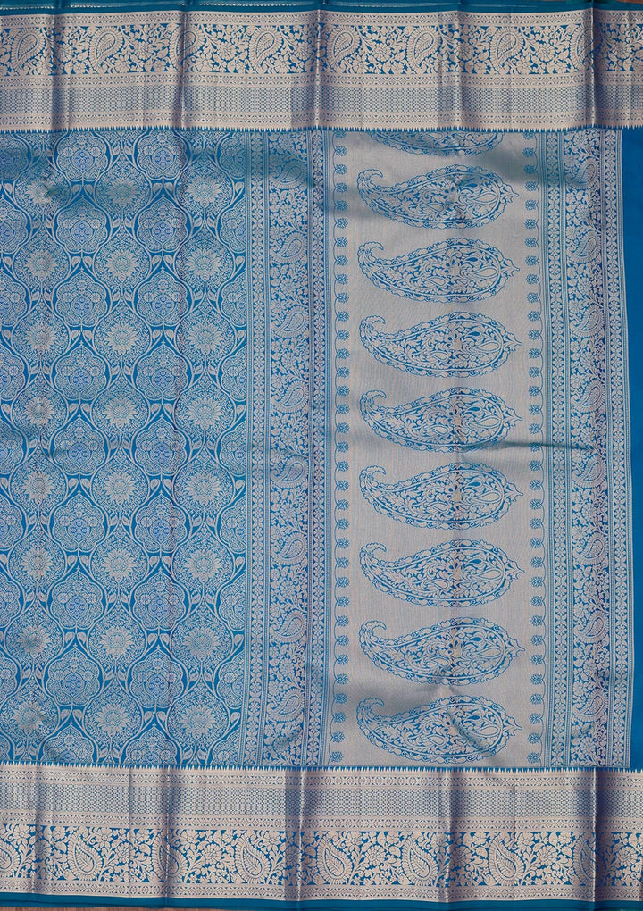 Peacock Blue Zariwork Pure Silk Saree-koskii