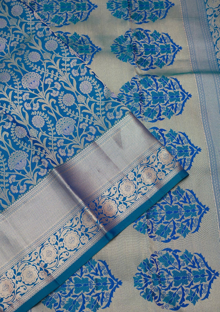Turquoise Blue Zariwork Pure Silk Saree-koskii
