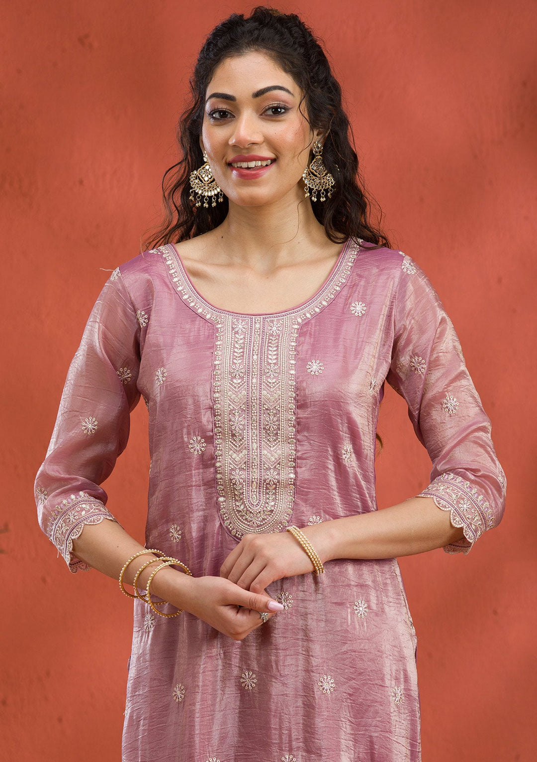 Mauve Threadwork Semi Crepe Readymade Salwar Suit-Koskii