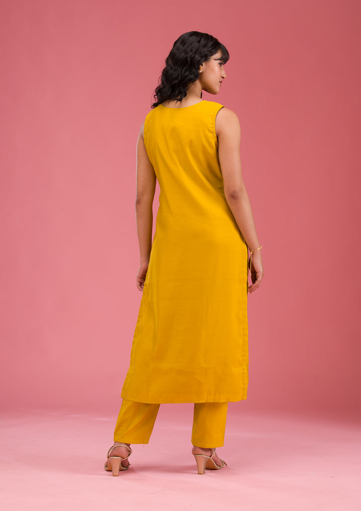 Mustard Threadwork Art Silk Readymade Salwar Suit