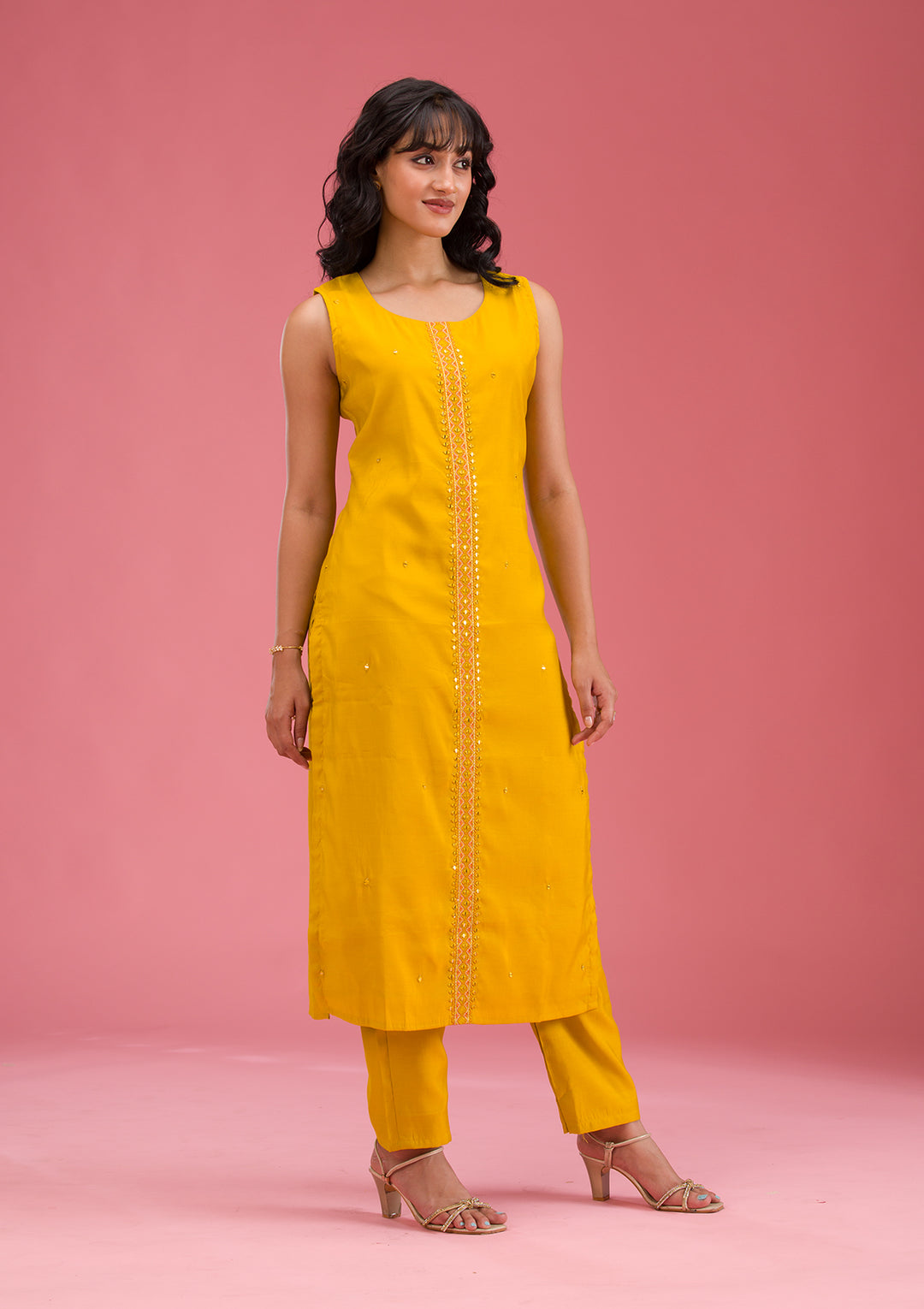 Mustard Threadwork Art Silk Readymade Salwar Suit