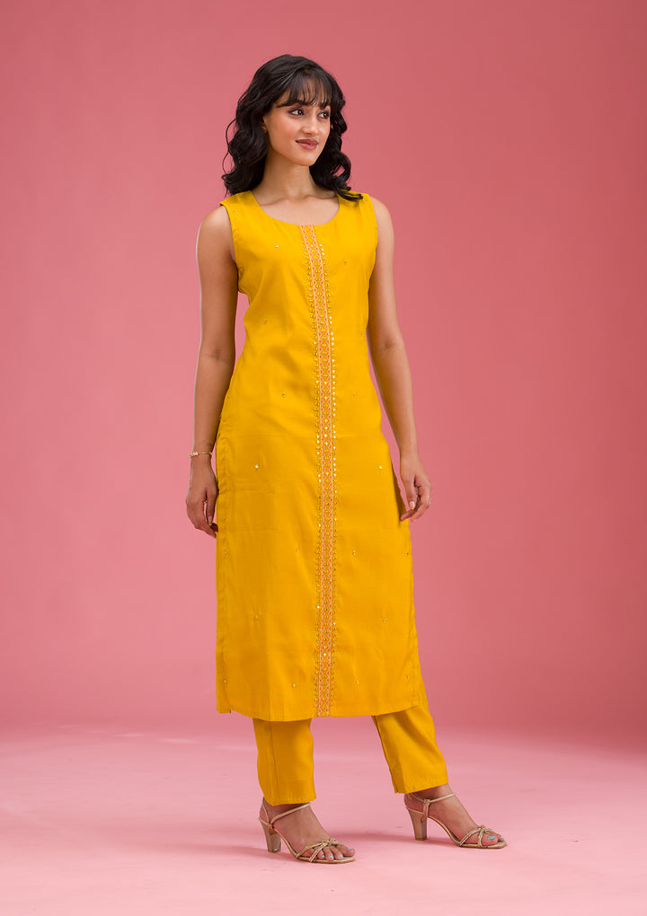 Mustard Threadwork Art Silk Readymade Salwar Suit