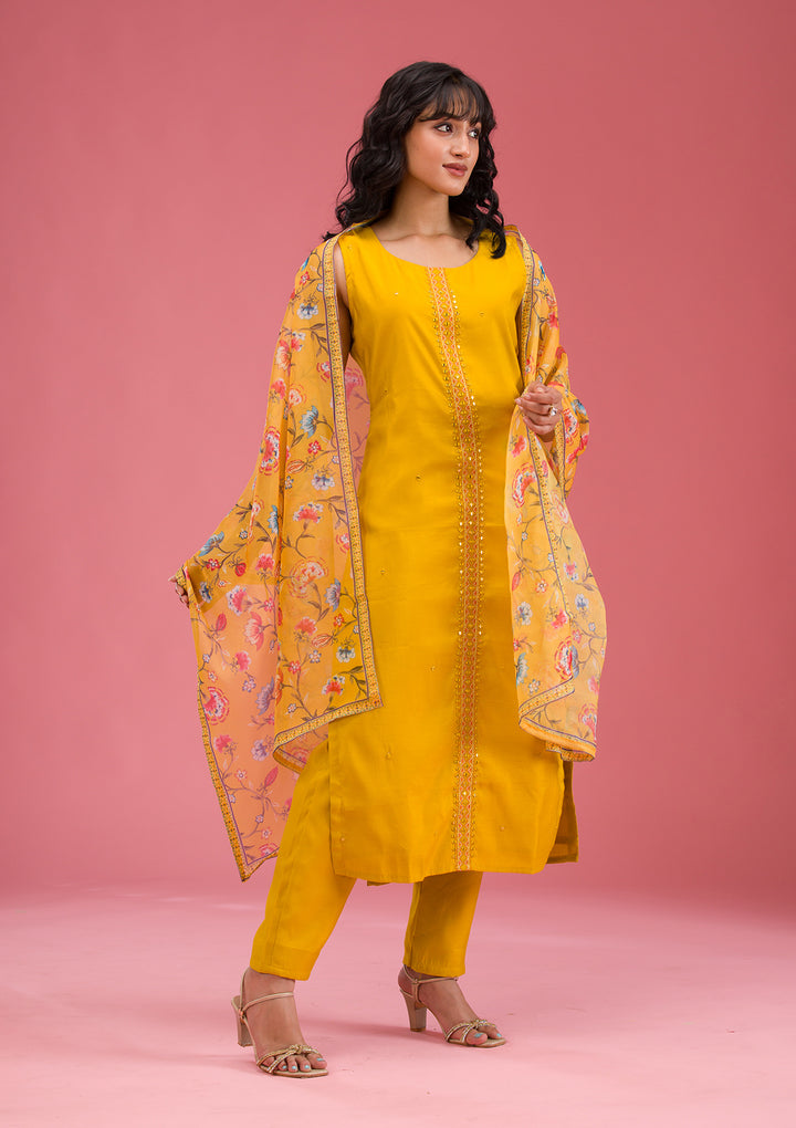 Mustard Threadwork Art Silk Readymade Salwar Suit