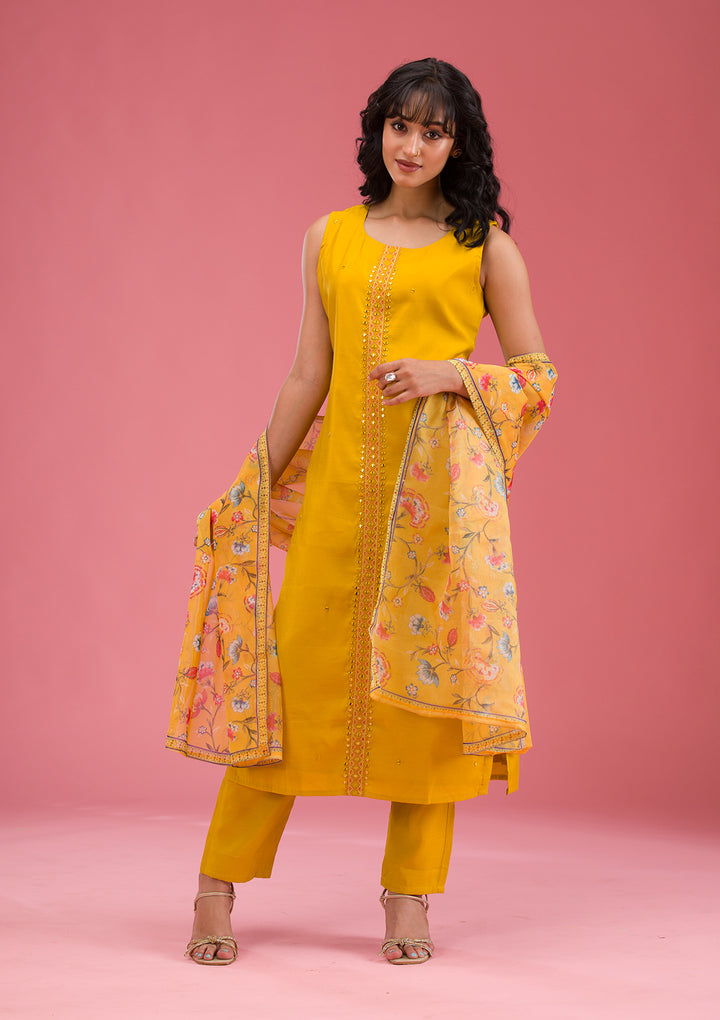 Mustard Threadwork Art Silk Readymade Salwar Suit