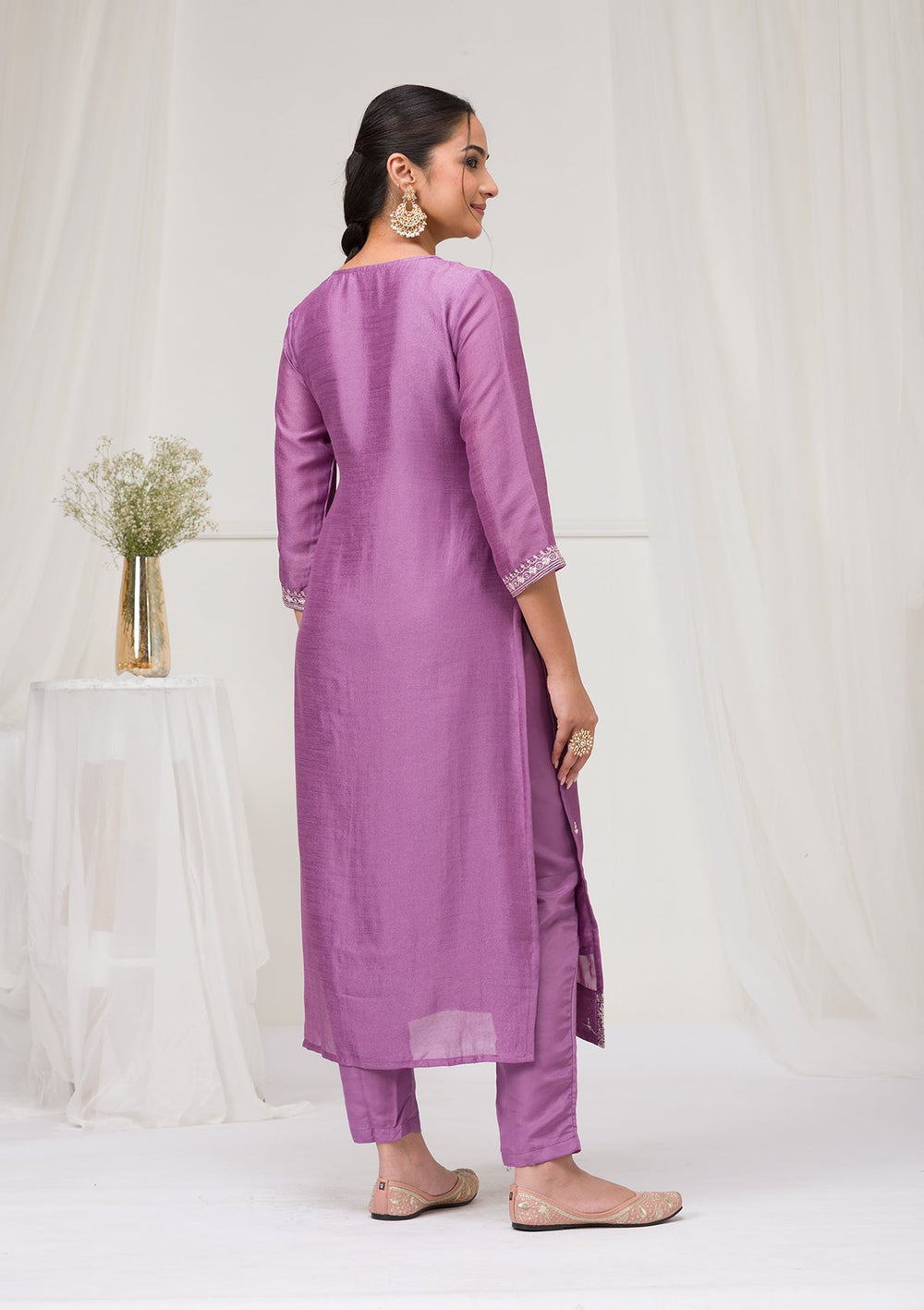 Lavender Sequins Raw Silk Readymade Salwar Suit-Koskii