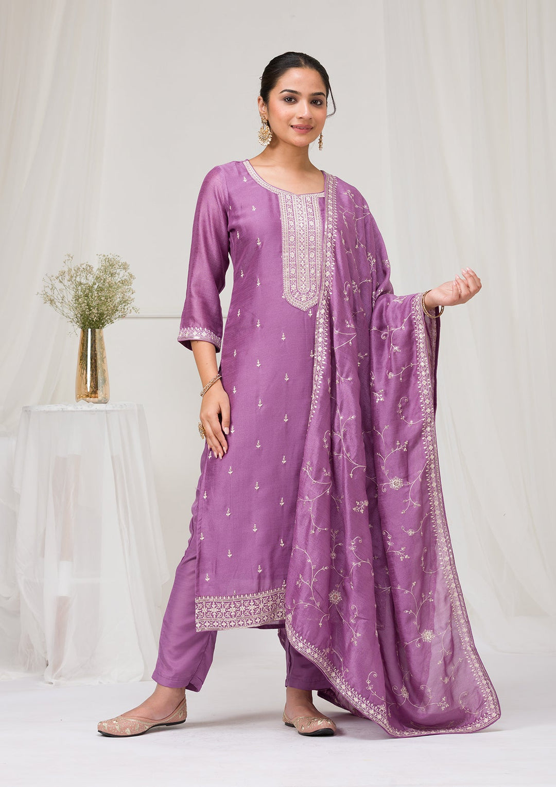 Lavender Sequins Raw Silk Readymade Salwar Suit-Koskii