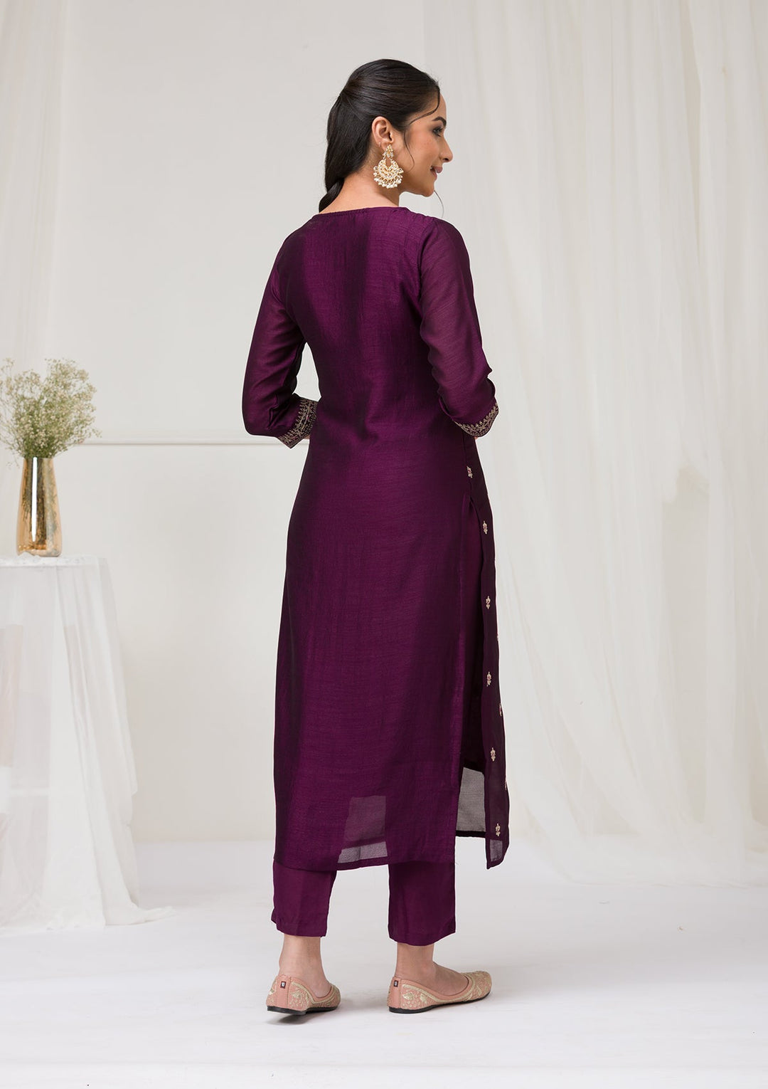 Purple Sequins Raw Silk Readymade Salwar Suit-Koskii