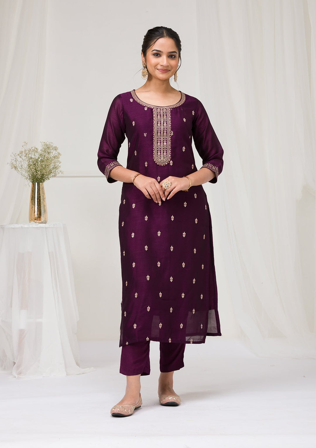 Purple Sequins Raw Silk Readymade Salwar Suit-Koskii