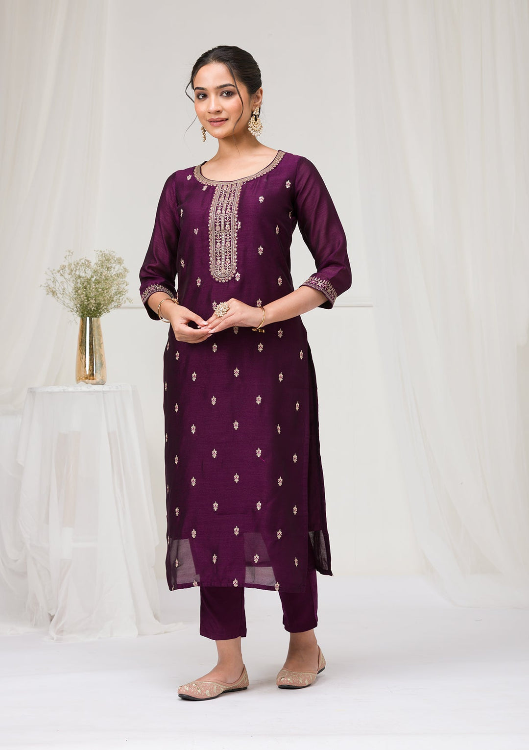 Purple Sequins Raw Silk Readymade Salwar Suit-Koskii