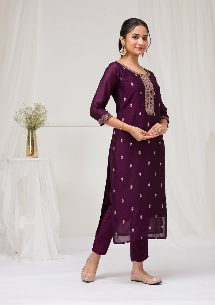 Purple Sequins Raw Silk Readymade Salwar Suit-Koskii