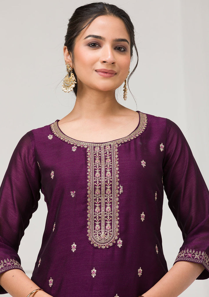 Purple Sequins Raw Silk Readymade Salwar Suit-Koskii
