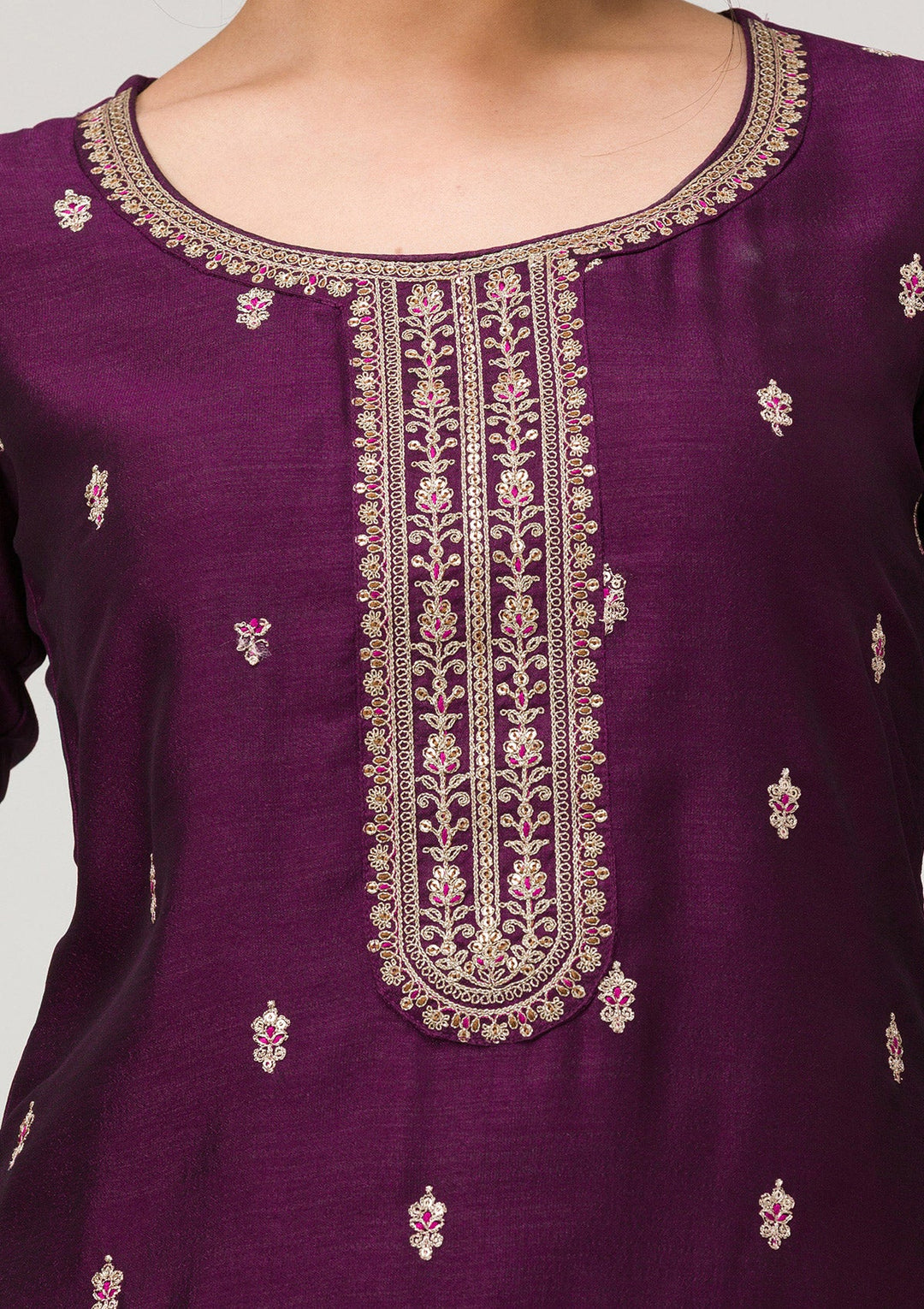 Purple Sequins Raw Silk Readymade Salwar Suit-Koskii