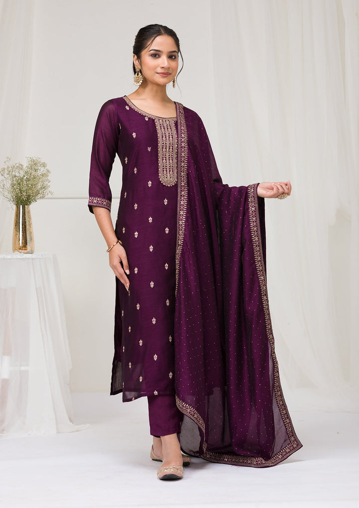 Purple Sequins Raw Silk Readymade Salwar Suit-Koskii