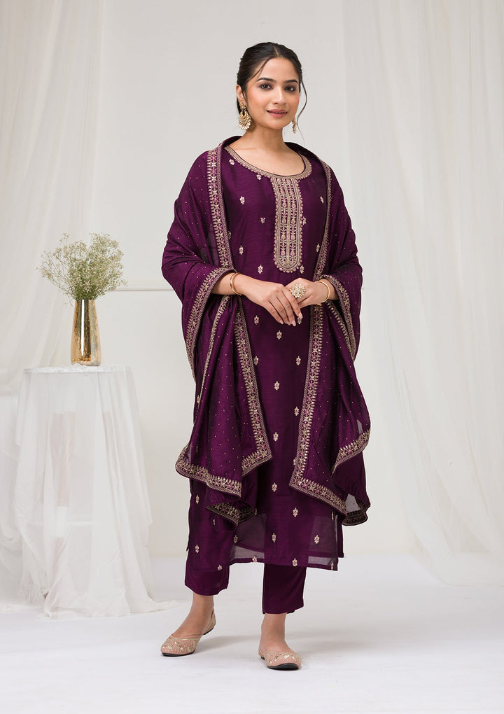 Purple Sequins Raw Silk Readymade Salwar Suit-Koskii