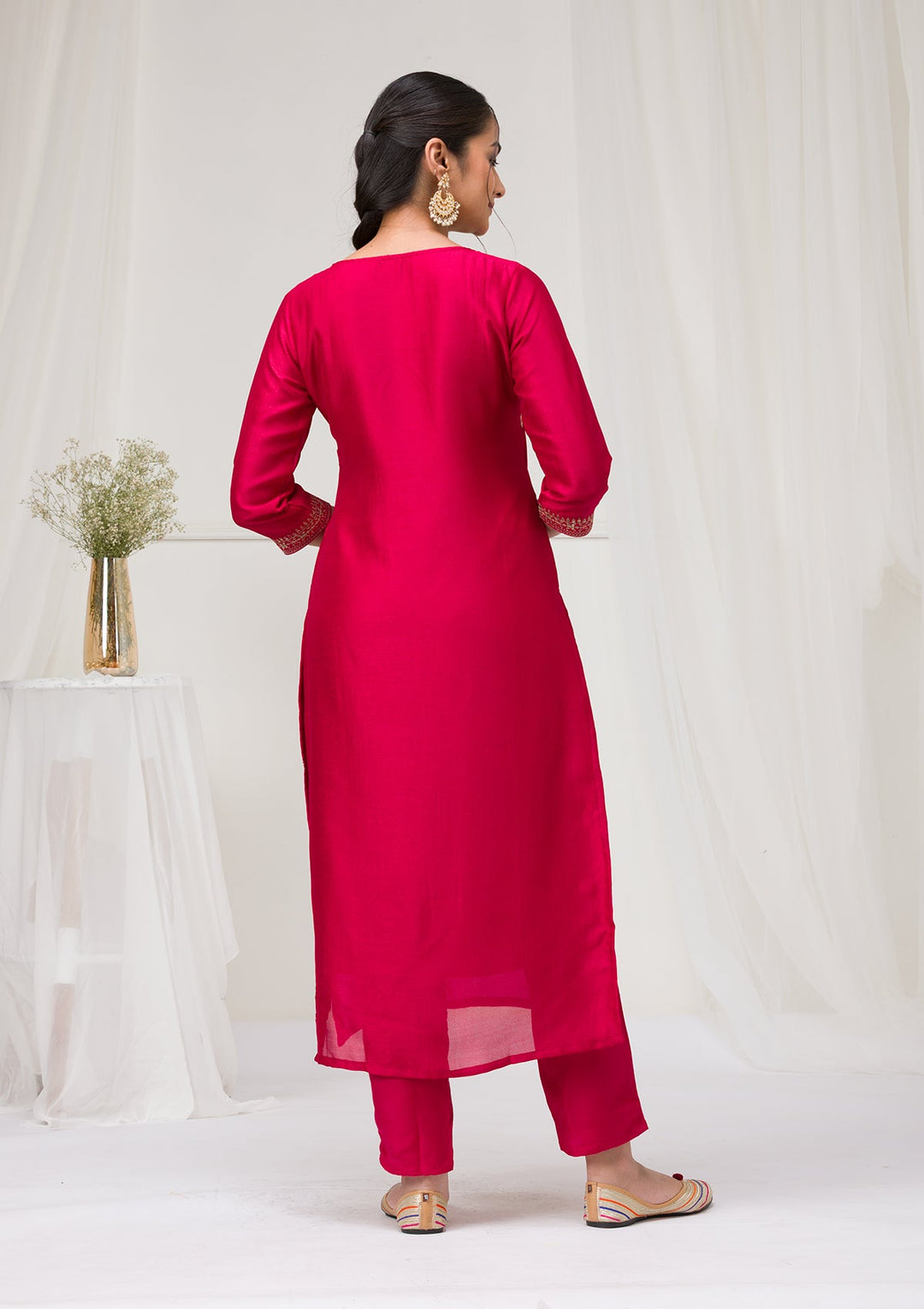 Rani Pink Sequins Raw Silk Readymade Salwar Suit-Koskii