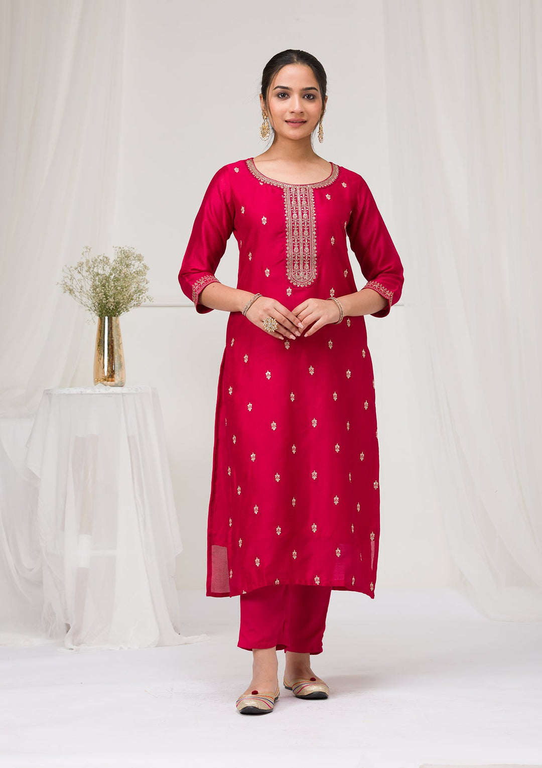 Rani Pink Sequins Raw Silk Readymade Salwar Suit-Koskii