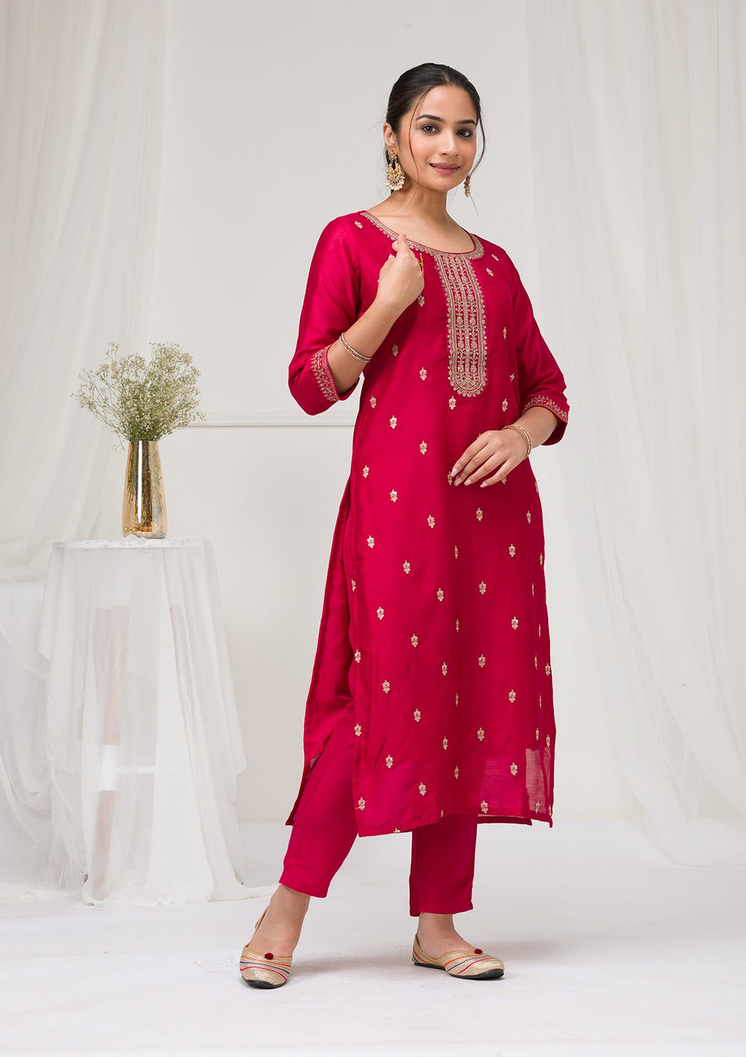 Rani Pink Sequins Raw Silk Readymade Salwar Suit-Koskii