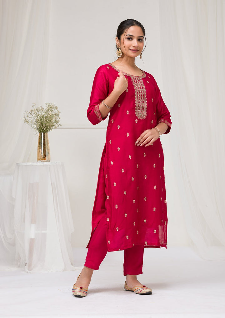 Rani Pink Sequins Raw Silk Readymade Salwar Suit-Koskii