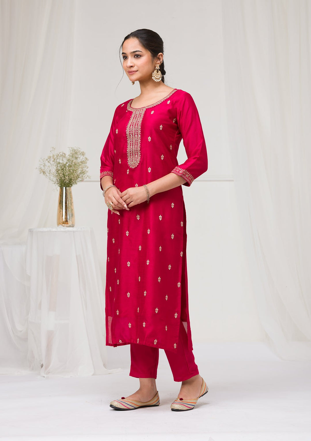 Rani Pink Sequins Raw Silk Readymade Salwar Suit-Koskii