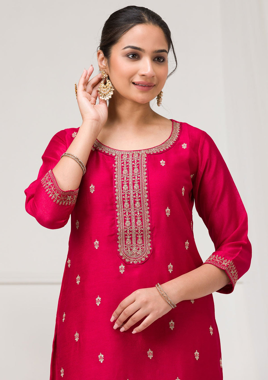 Rani Pink Sequins Raw Silk Readymade Salwar Suit-Koskii