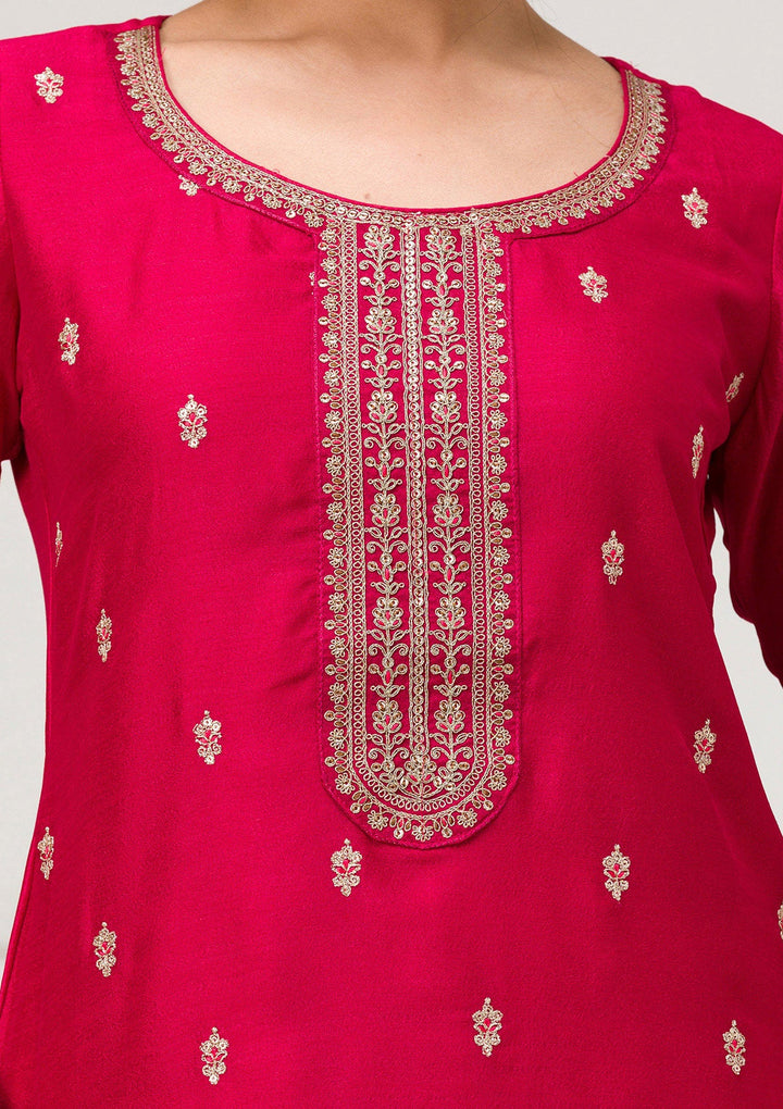 Rani Pink Sequins Raw Silk Readymade Salwar Suit-Koskii