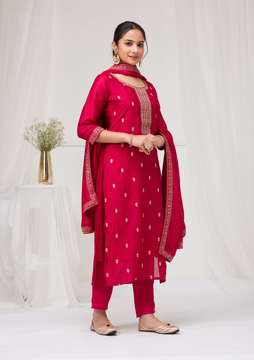 Rani Pink Sequins Raw Silk Readymade Salwar Suit-Koskii