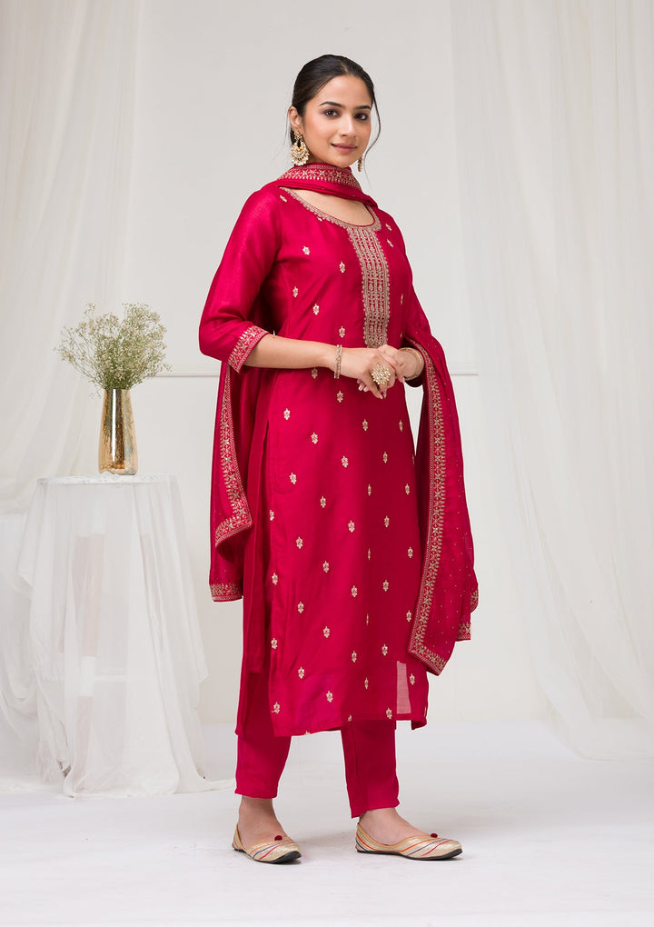 Rani Pink Sequins Raw Silk Readymade Salwar Suit-Koskii