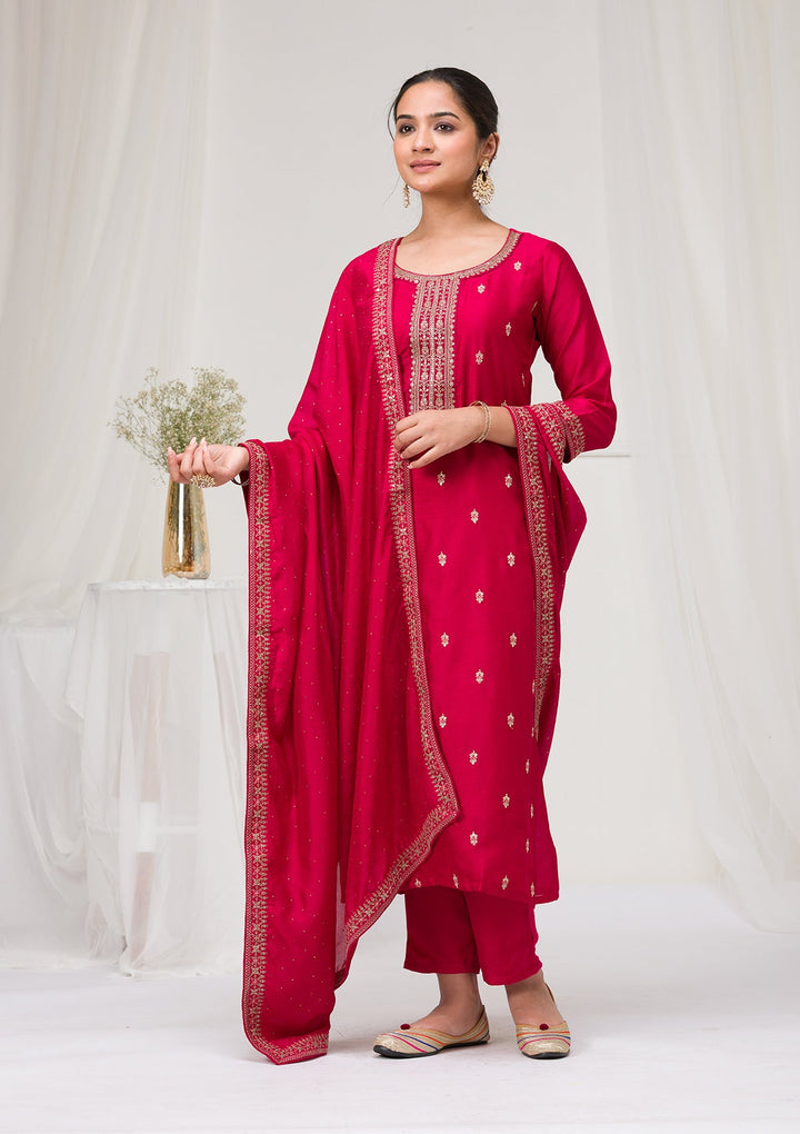 Rani Pink Sequins Raw Silk Readymade Salwar Suit-Koskii