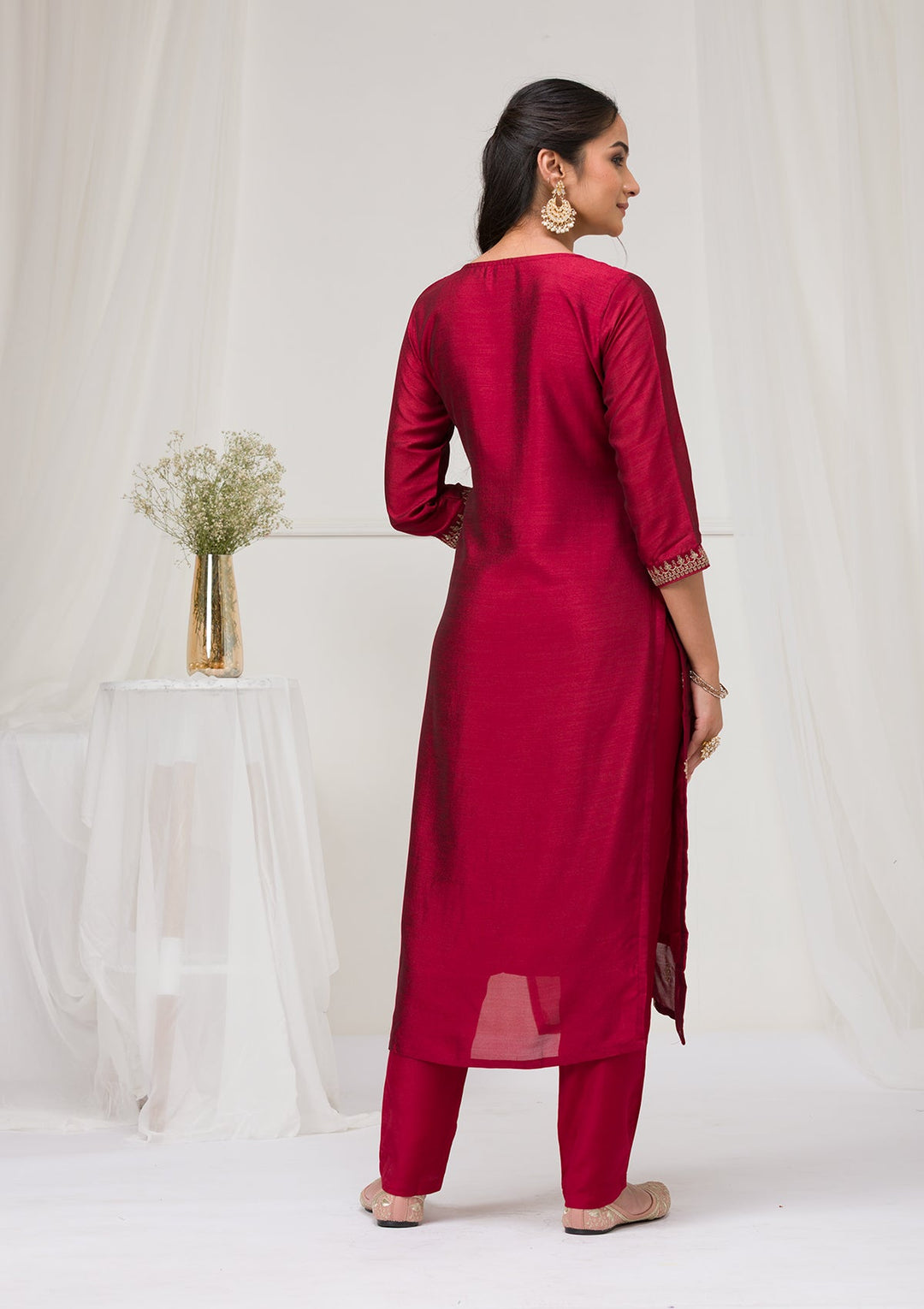 Maroon Sequins Raw Silk Readymade Salwar Suit-Koskii