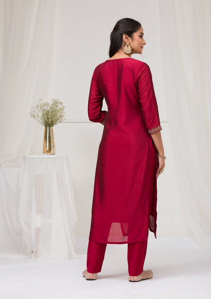 Maroon Sequins Raw Silk Readymade Salwar Suit-Koskii