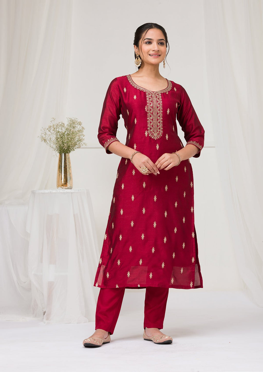 Maroon Sequins Raw Silk Readymade Salwar Suit-Koskii