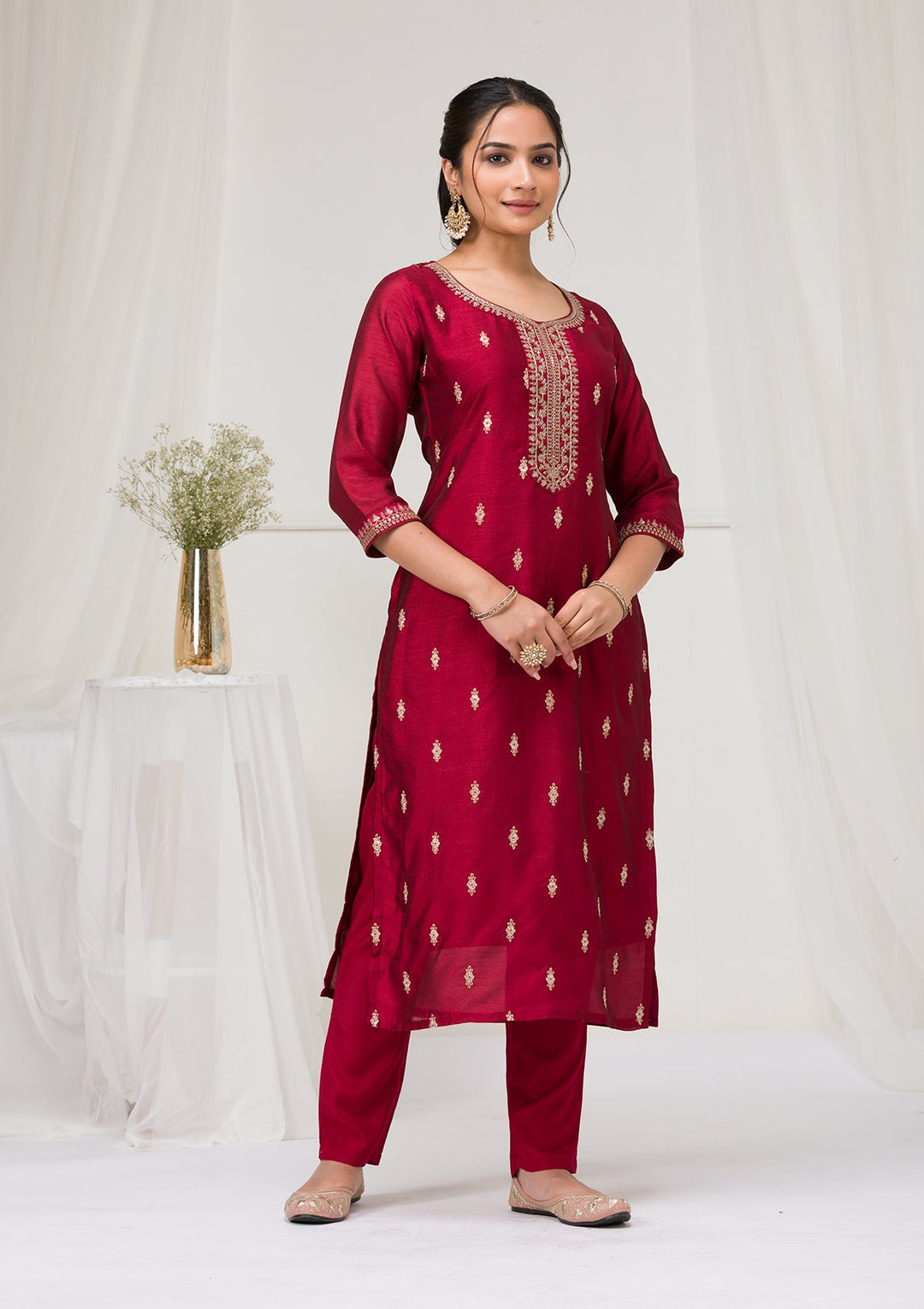 Maroon Sequins Raw Silk Readymade Salwar Suit-Koskii